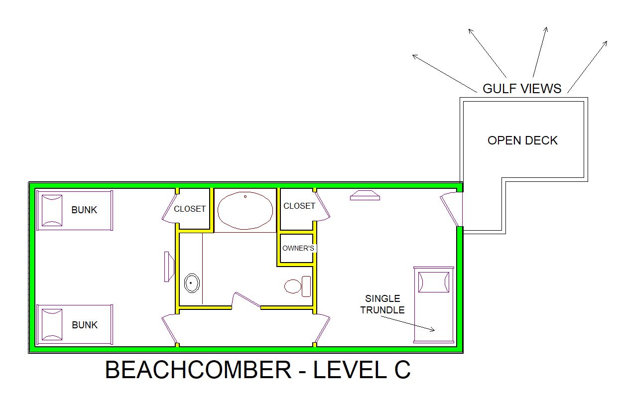 A level C layout view of Sand 'N Sea's beachfront house vacation rental in Jamaica Beach named Beachcomber 